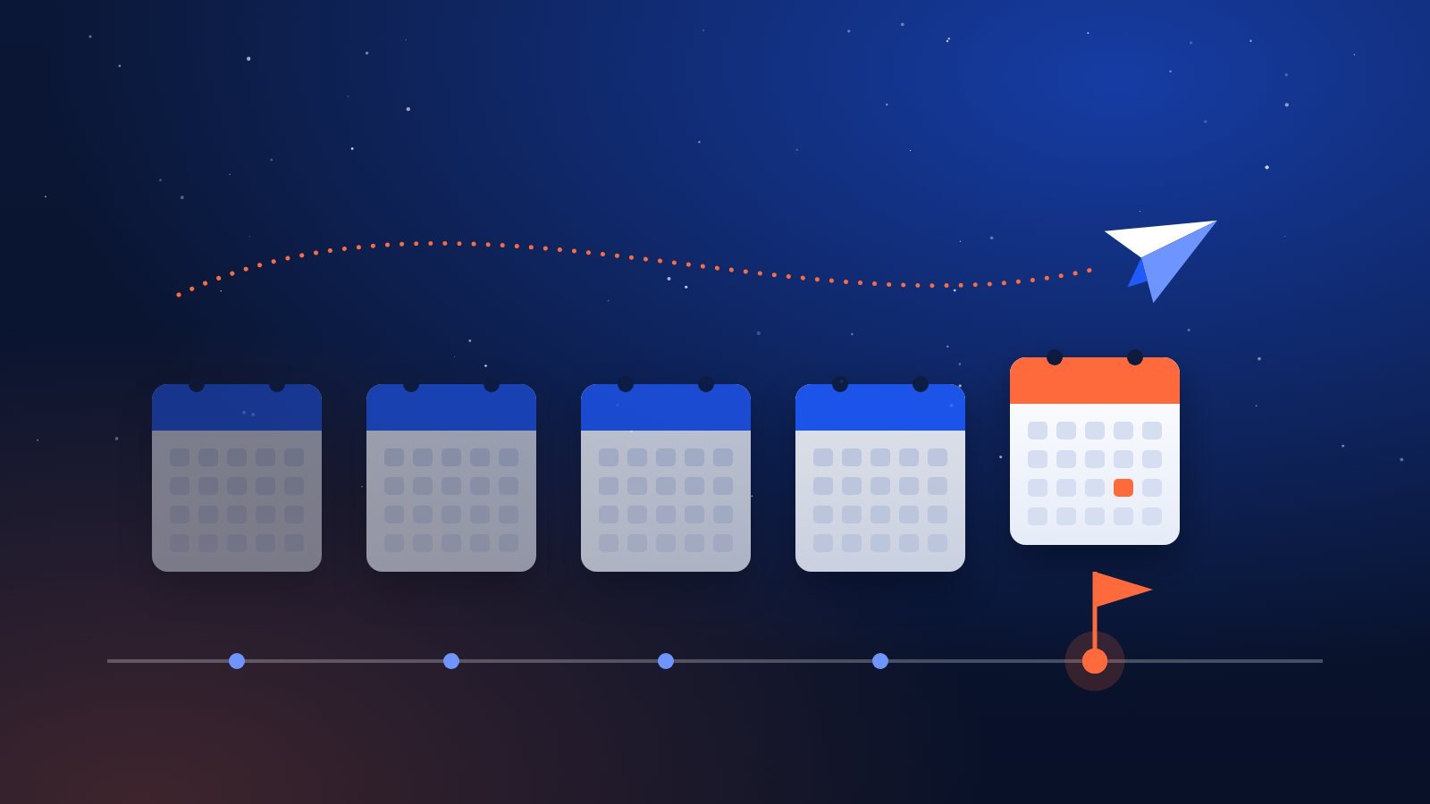 A horizontal booking timeline with calendar pages and a paper plane moving from far-off months toward a departure date