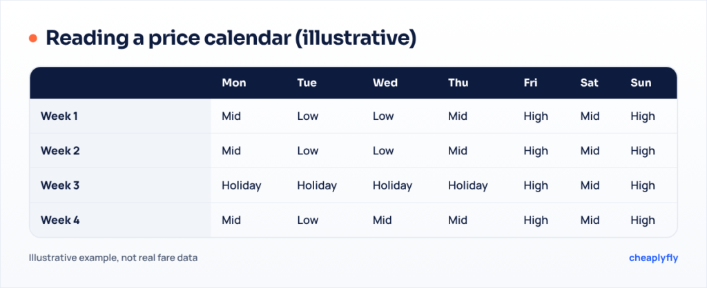 Illustrative price calendar grid showing cheaper midweek days, weekend spikes and a holiday block