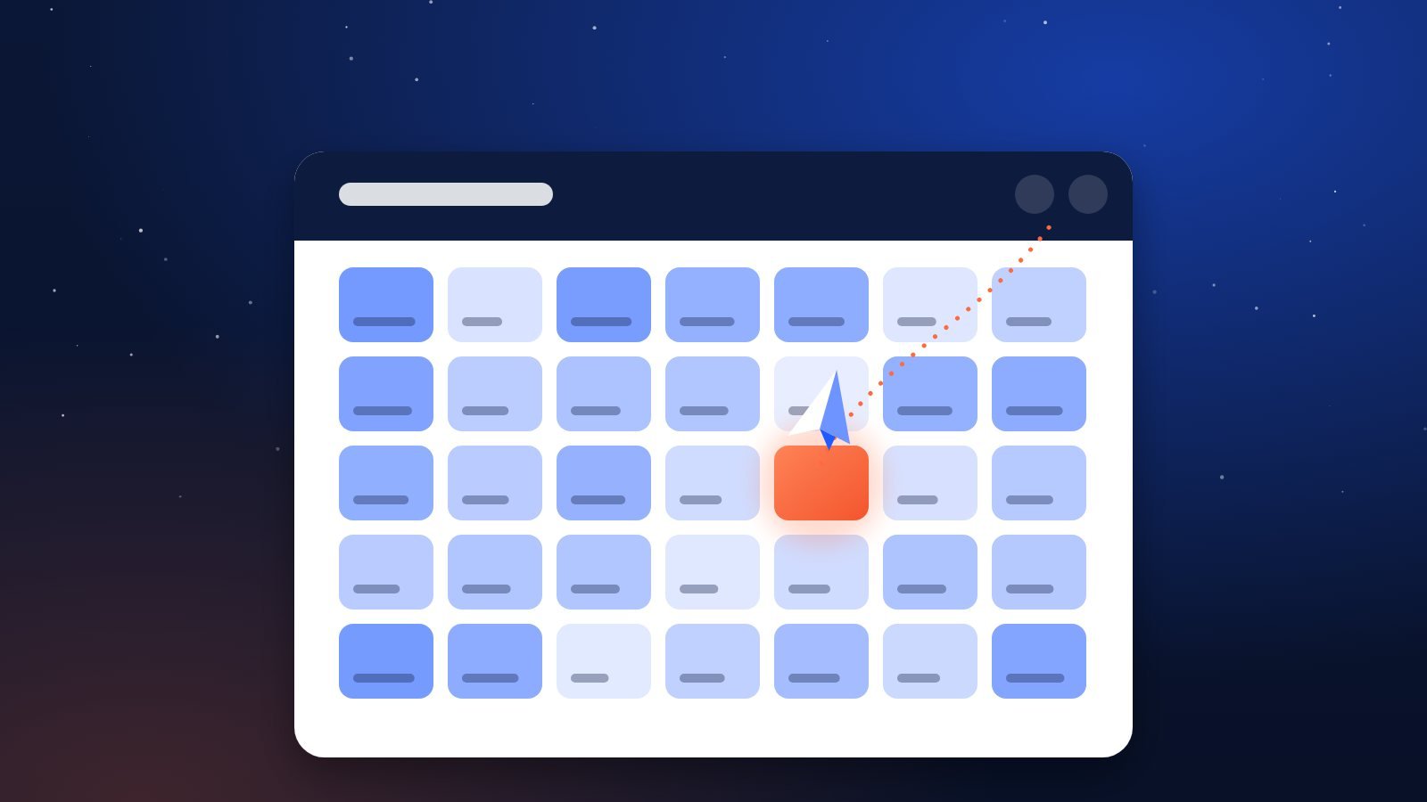 A monthly calendar grid with lighter and darker shaded days and a paper plane hovering over one highlighted date