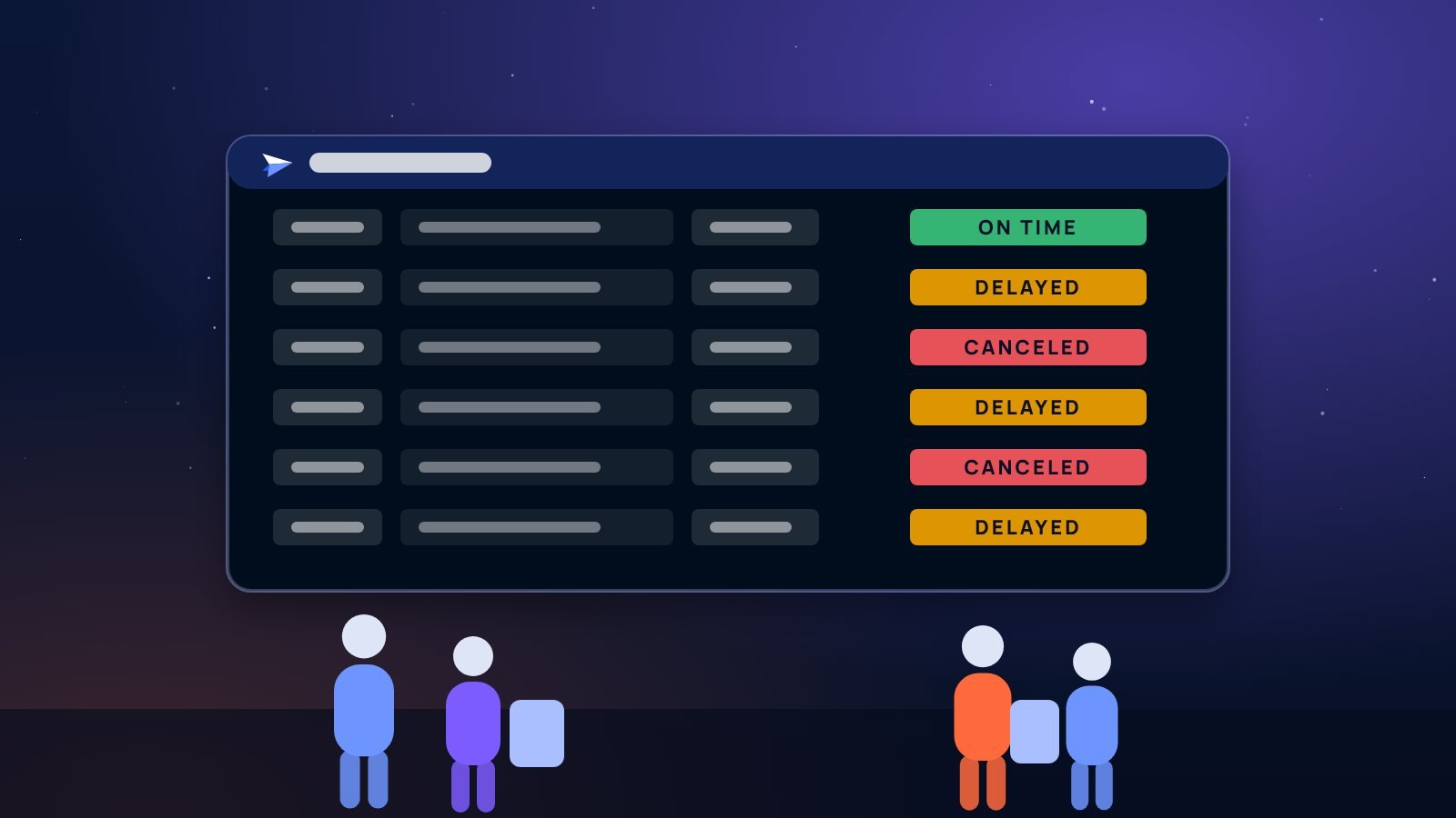 Airport departure board showing several delayed and canceled flights while travelers wait nearby