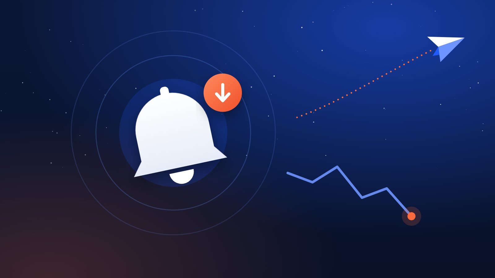 A notification bell with a small downward price arrow beside a paper plane flying along a dotted route