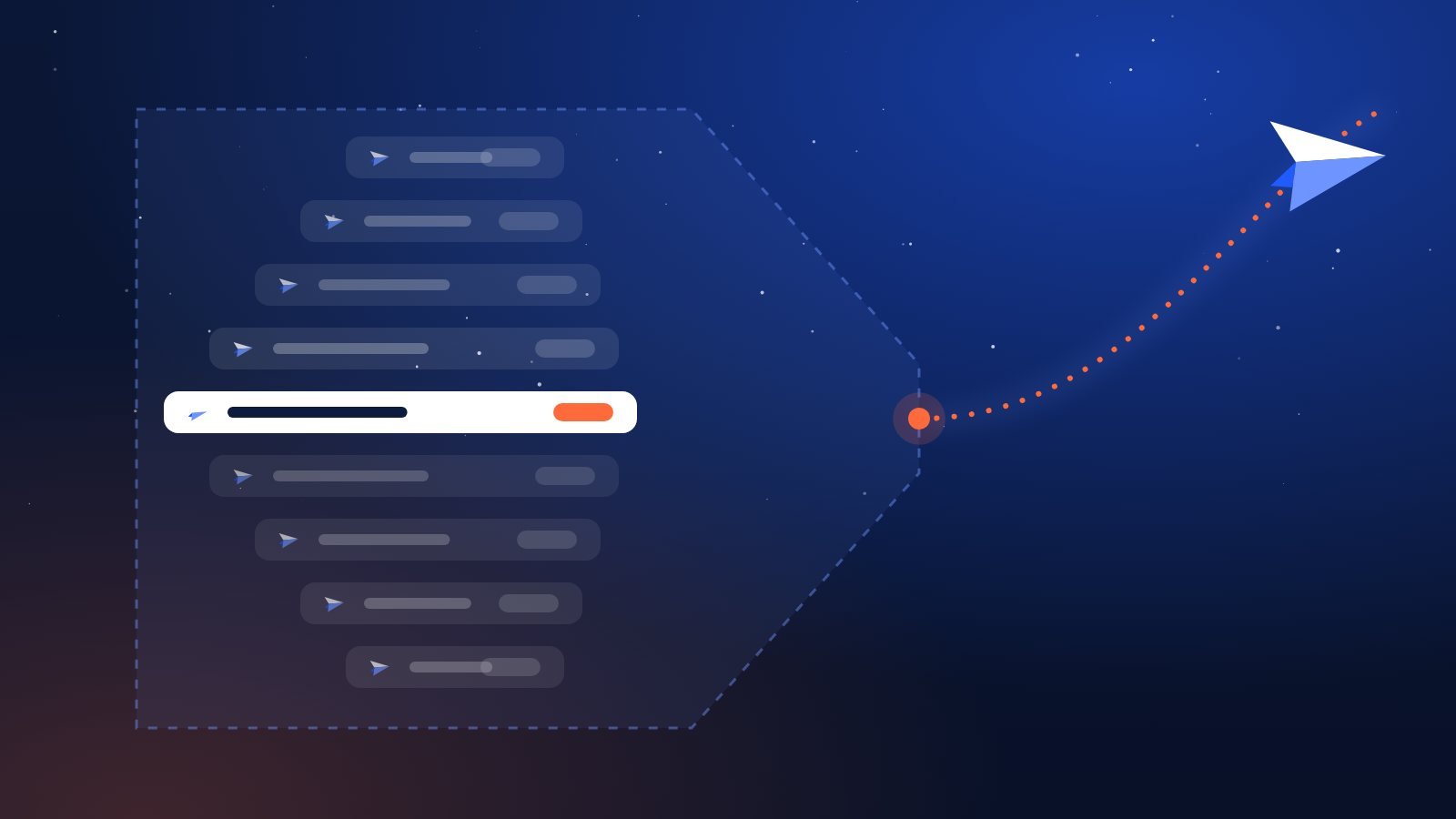 A wide funnel of flight options narrowing down to a single highlighted paper-plane route on a navy background