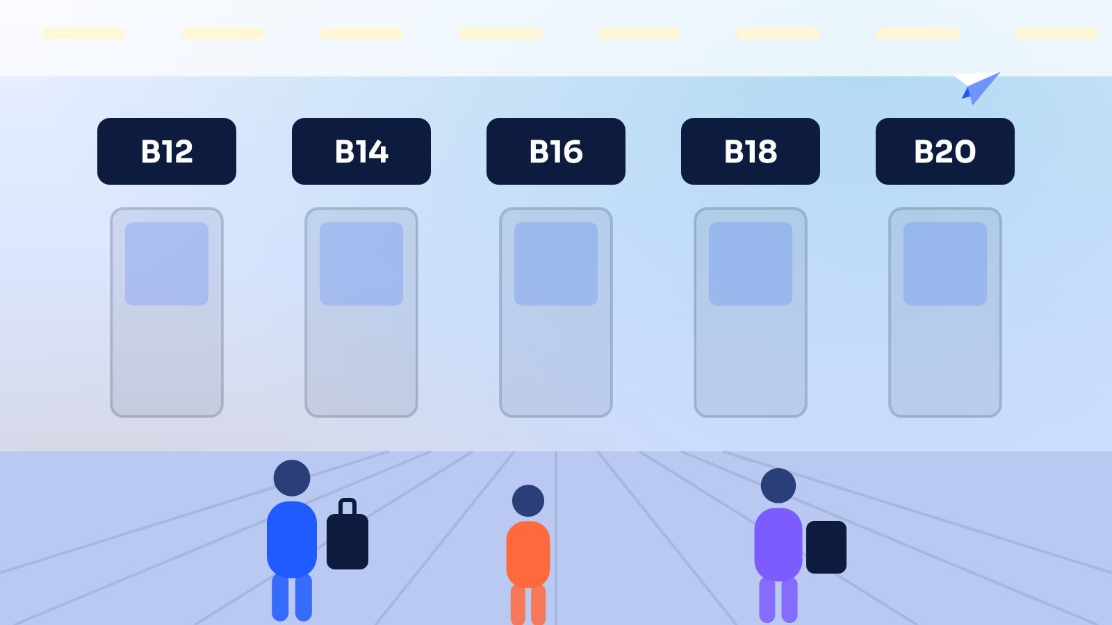 Travelers walking past a row of departure gates in a bright airport connection concourse