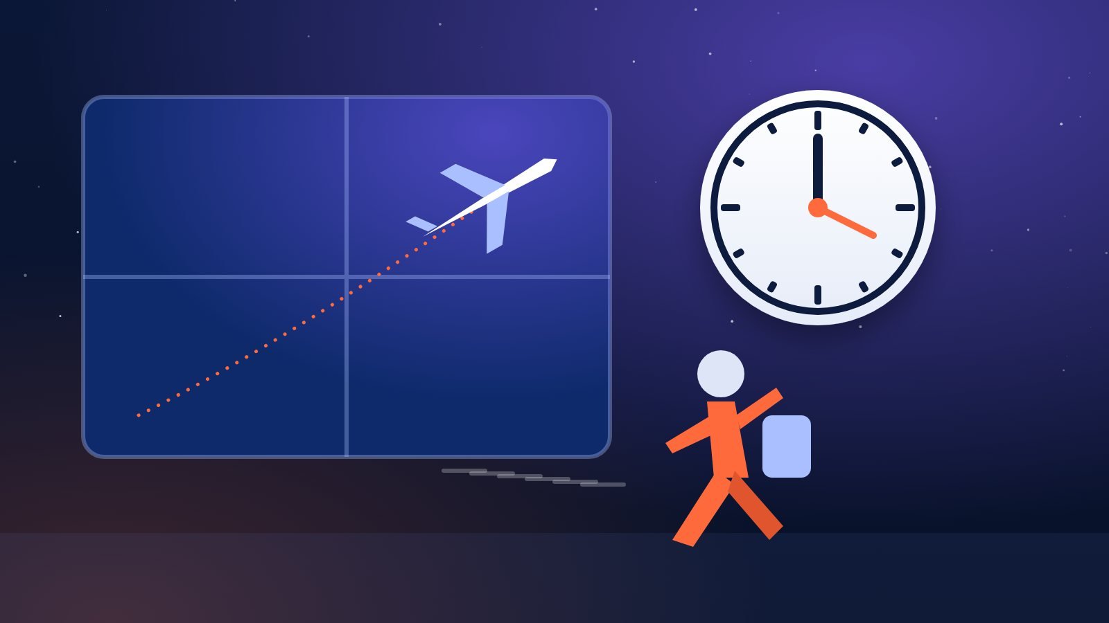 Traveler hurrying through an airport terminal past a large clock while a departing aircraft is visible through the window