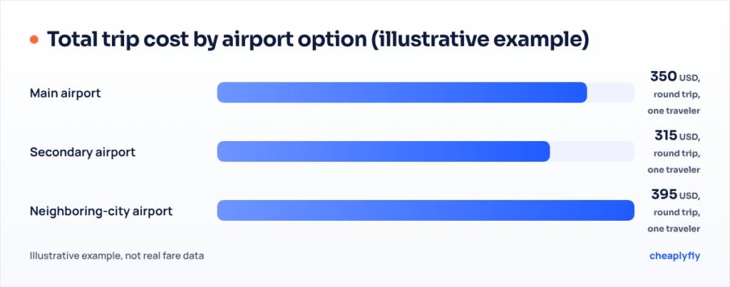 Bar chart of illustrative total trip costs: main airport 350, secondary airport 315, neighboring-city airport 395 USD