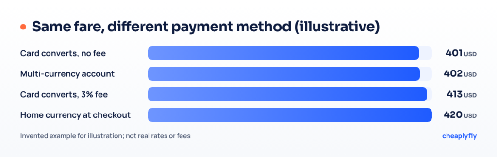 Illustrative bar chart of the same fare paid four ways, from about 401 to 420 US dollars