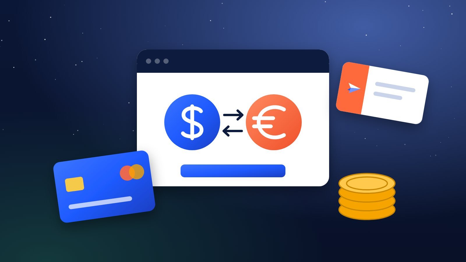Coins and a payment card beside a flight ticket, with two currency symbols facing each other on a checkout screen
