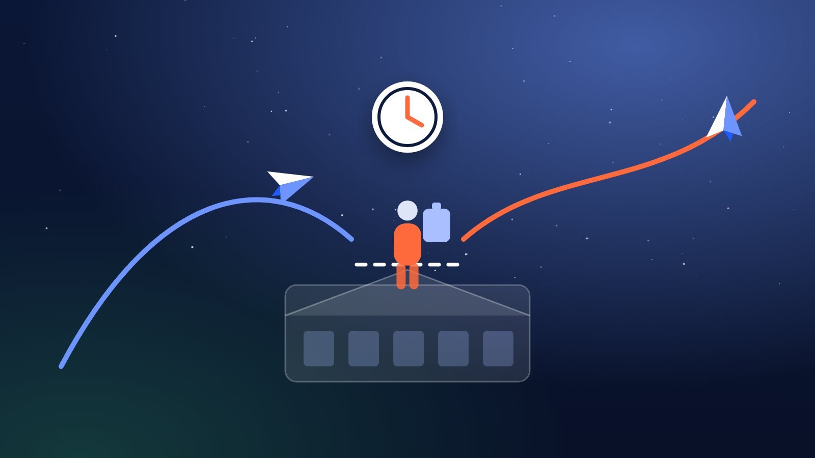 Two flight paths meeting at an airport, split by a dashed gap where a traveler must make the connection alone