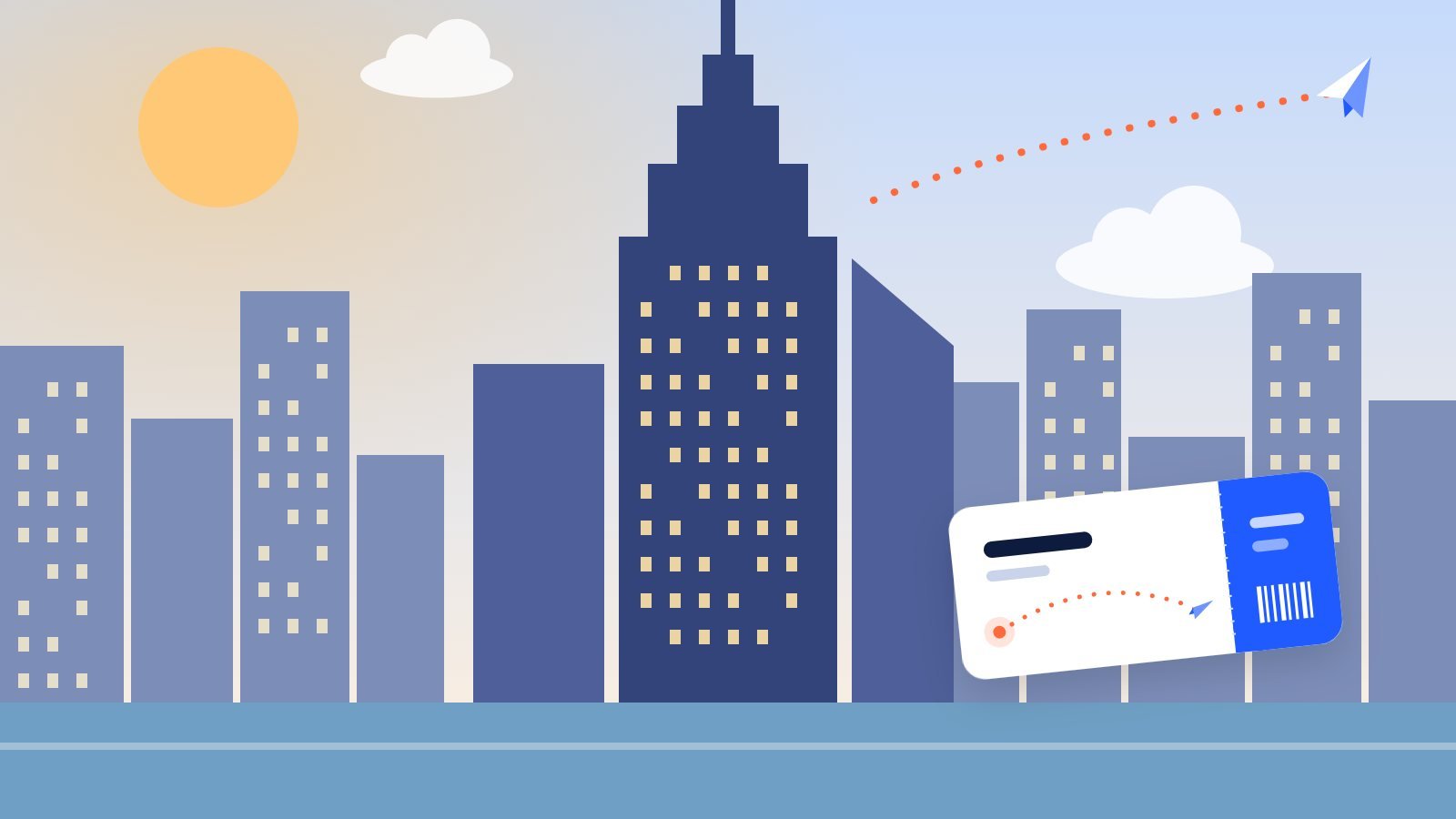 A paper plane approaching a dense skyline of tall towers by a harbor, with three dotted routes leading to different points around the city