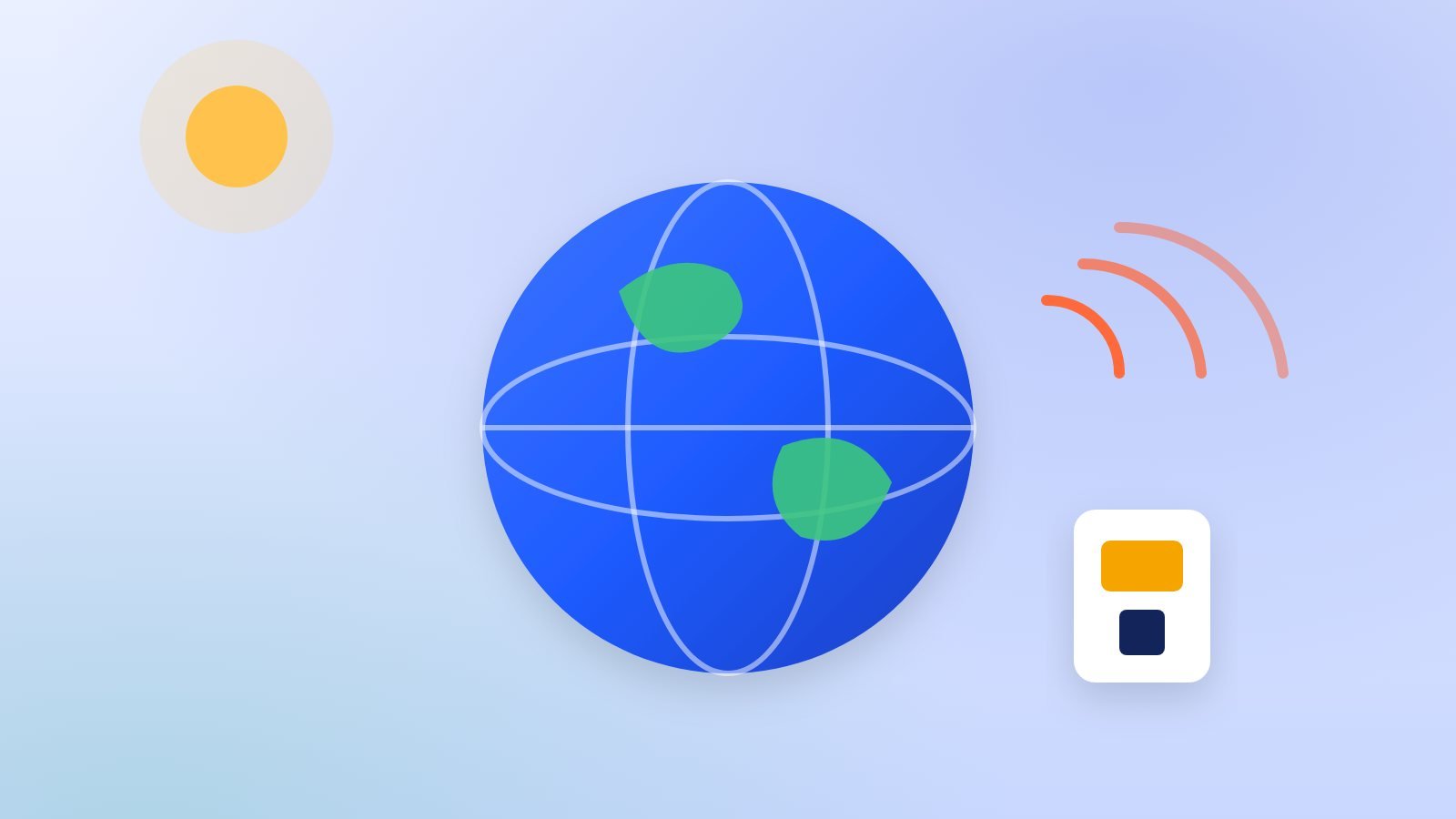 A glowing globe with signal arcs connecting a smartphone to several destinations on a navy night-sky background