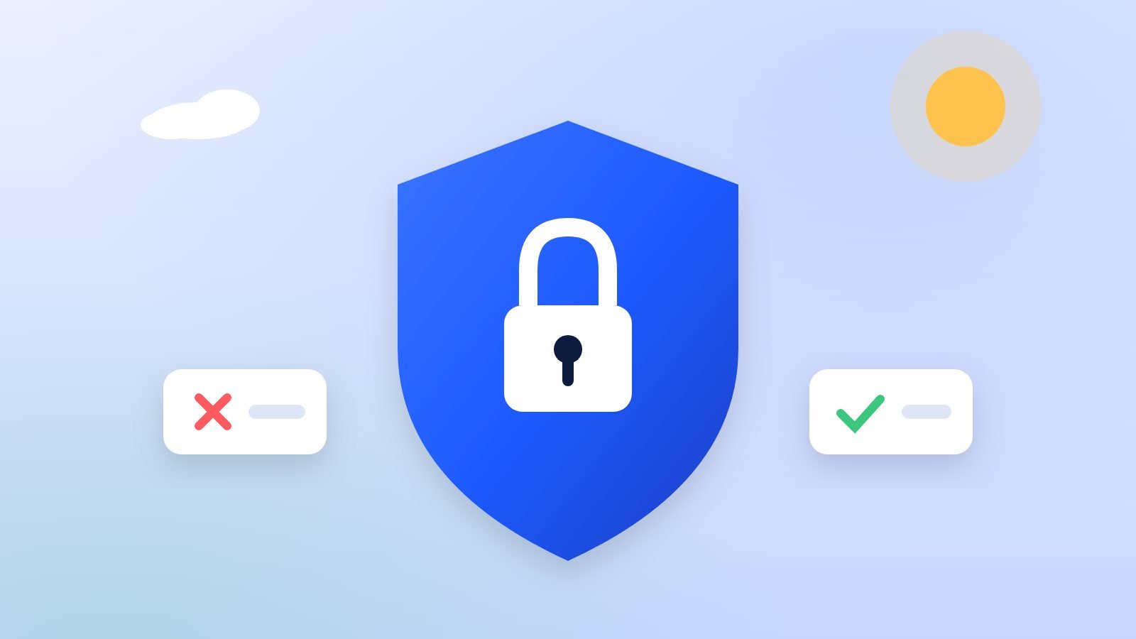 A glowing shield with a padlock protecting a laptop screen showing a flight booking page on a navy background